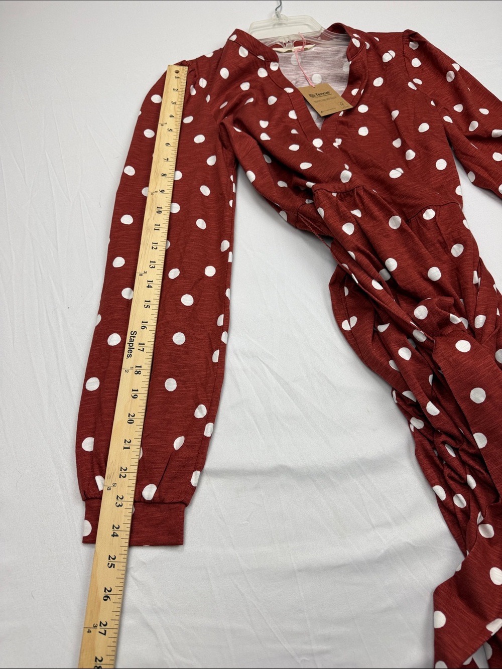 Boden Rust Red Polka Dot Long Sleeve Tie-Waist Midi Dress - Picture 11 of 15